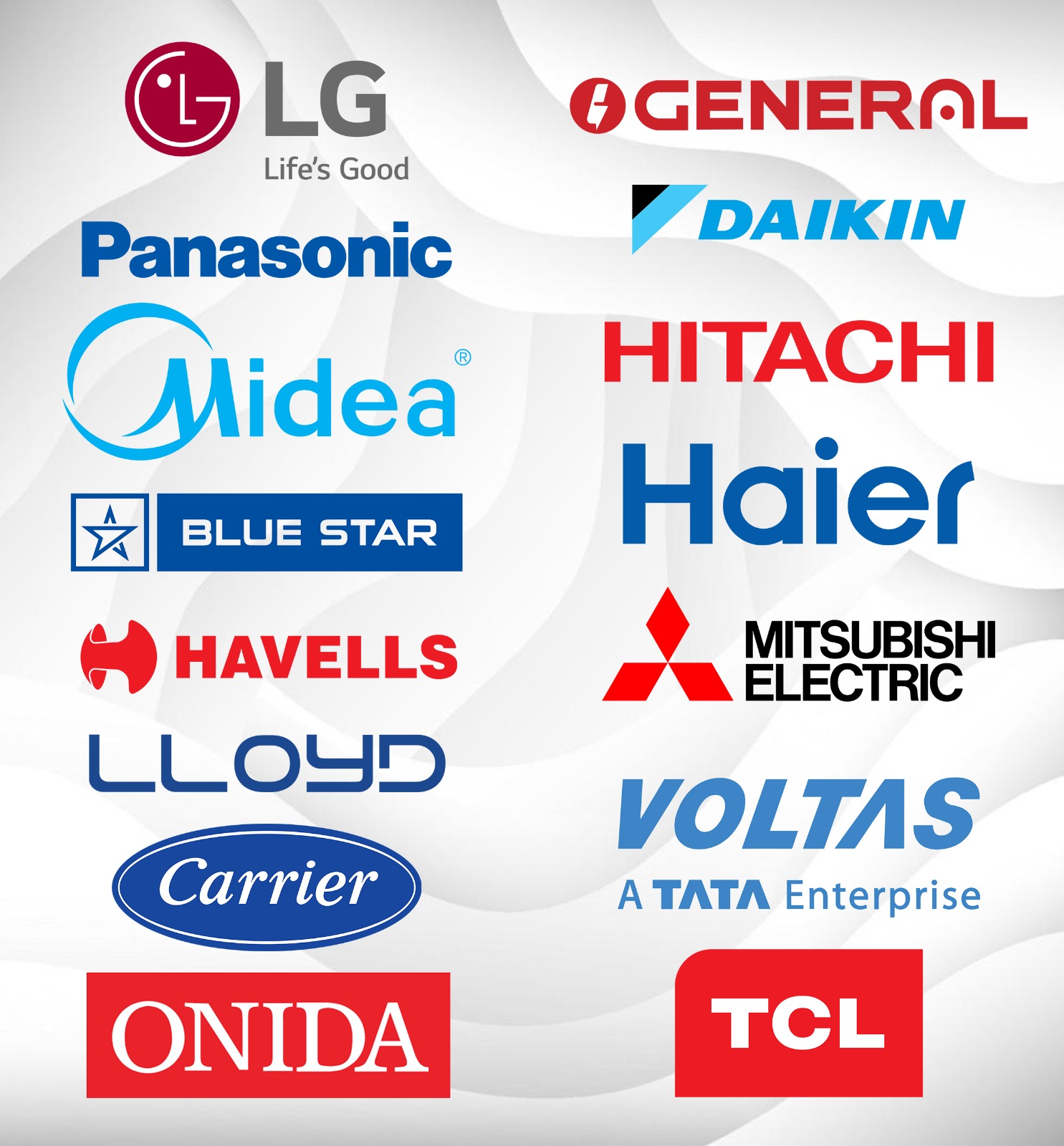 Brands we service: LG, O General, Panasonic, Daikin, Midea, Hitachi, Blue Star, Haier, Havells, Mitsubishi Electric, Lloyd, Voltas, Carrier, Onida, TCL